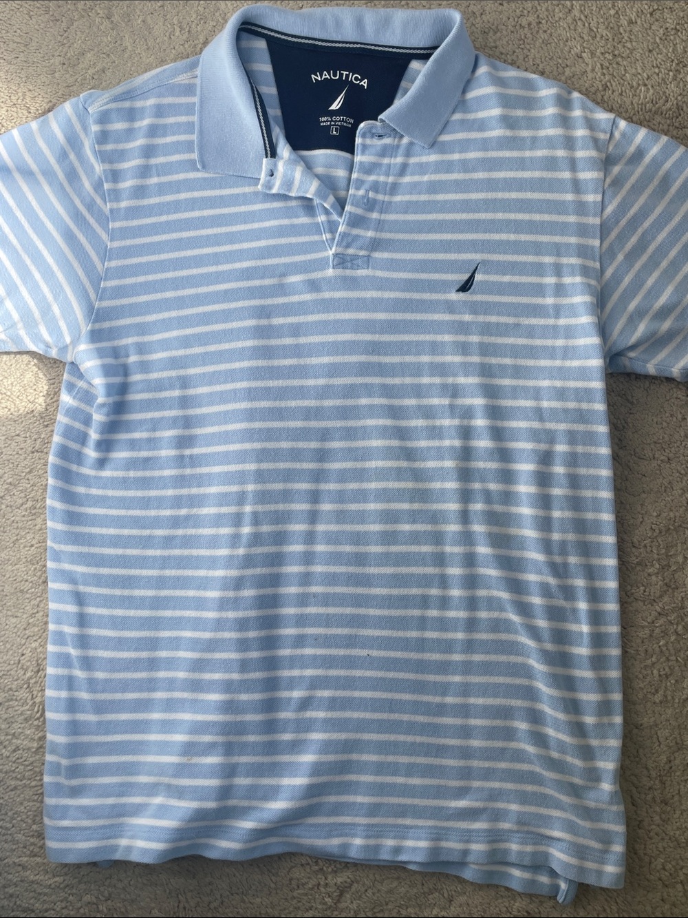 Nautica Men’s Light Blue and White Striped Polo